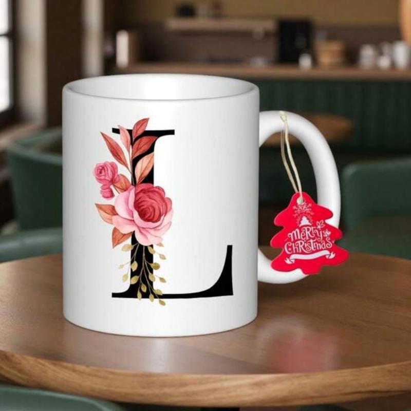 Tailorly White Ceramic 11 oz Mug - Merry Christmas L Elegant Pink Roses And Green Leaves Adorning A Large Black Capital Letter