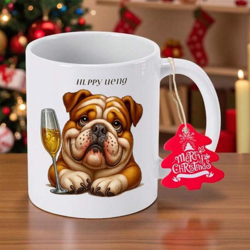 Tailorly White Ceramic 11 oz Mug - Merry Christmas Happy New Year Adorable Cartoon English Bulldog Beside Sparkling Champagne Glass Bulldog