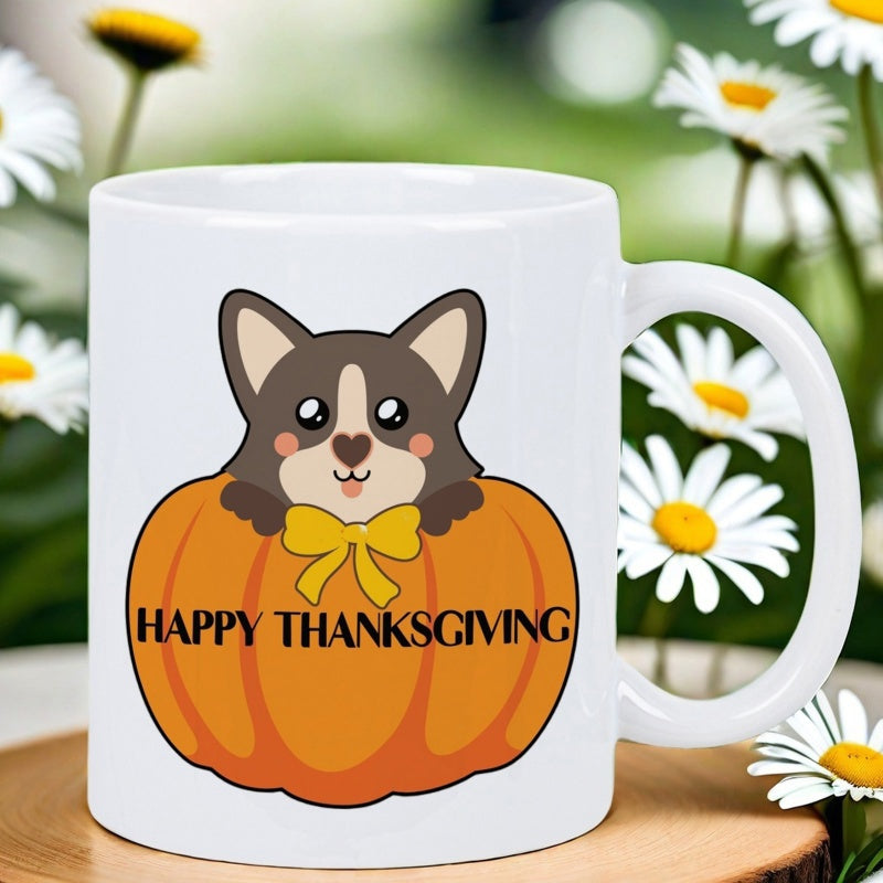Tailorly White Ceramic 11 oz Mug - Happy Thanksgiving Adorable Cartoon Dog Peeking Out From A Large Festive Autumn Pumpkin Corgi