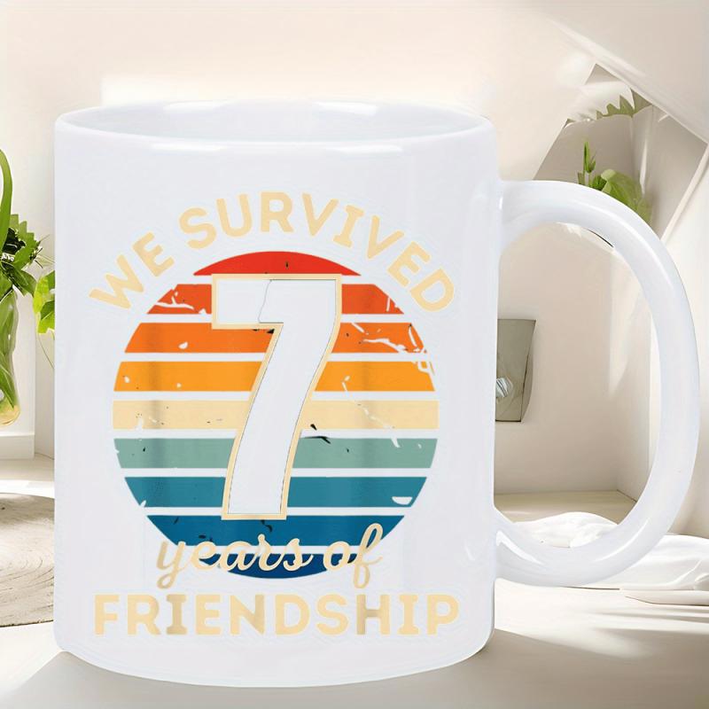 Tailorly White Ceramic 11 oz Mug - We Survived 7 Years Of Friendship Retro Vintage Style Circular Sunset With Distressed Horizontal Colored Stripes Friendship