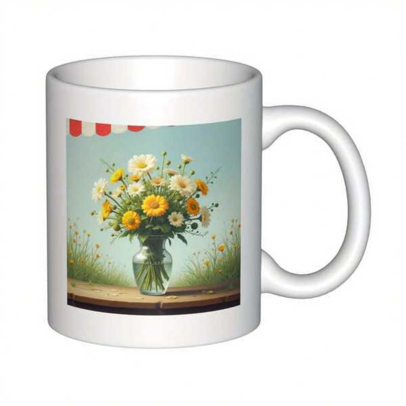 Tailorly White Ceramic 11 oz Mug - Vibrant Yellow And White Wildflowers Resting In A Clear Glass Vase Bouquet