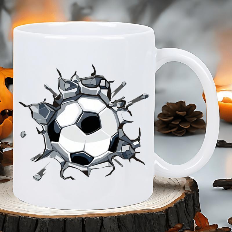 Tailorly White Ceramic 11 oz Mug - 3D Breaking Effect Through White Brick Wall Realistic Action Sports Soccer Ball
