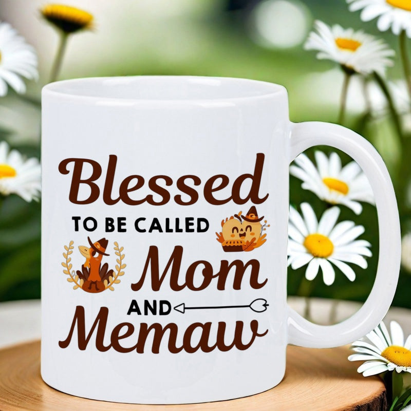 Tailorly White Ceramic 11 oz Mug - Blessed To Be Called Mom And Memaw Warm Festive Thanksgiving Design With Cute Autumn Elements And Arrow Sign