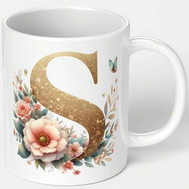 Tailorly White Ceramic 11 oz Mug - S Elegant Golden Glitter Letter With Pink Roses And Green Foliage Monogram