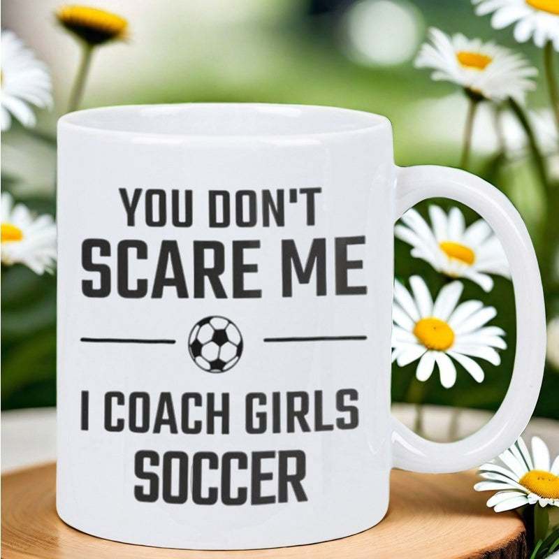 Tailorly White Ceramic 11 oz Mug - You Don't Scare Me I Coach Girls Soccer Simple Sporty Icon Surrounded By Minimalist Graphic Geometric Lines Soccer Ball