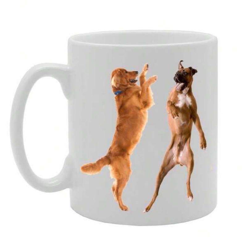 Tailorly White Ceramic 11 oz Mug - Two Playful Golden Retriever And Boxer Dancing Happily Together Dogs