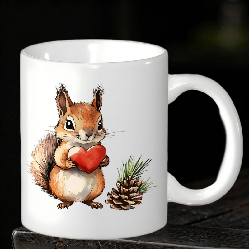 Tailorly White Ceramic 11 oz Mug - Adorable Watercolor Squirrel Holding Red Heart Beside Forest Pinecone Squirrel