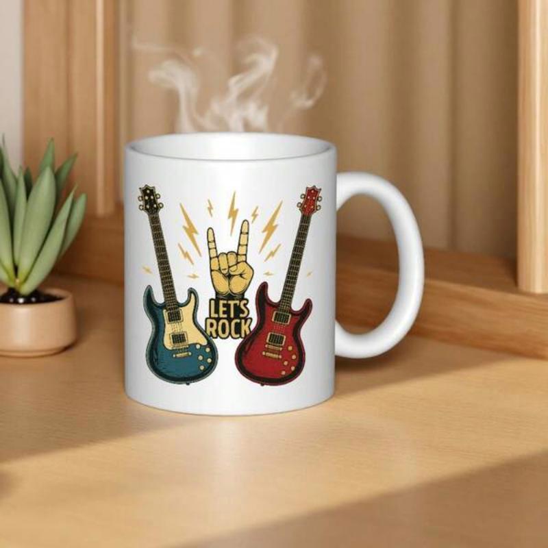 Tailorly White Ceramic 11 oz Mug - Let's Rock Vibrantly Colored Electric Guitars With Iconic Rock Sign And Striking Lightning Guitar