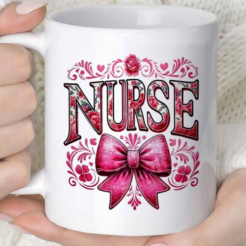 Tailorly White Ceramic 11 oz Mug - Nurse Elegant Pink Glitter Texture With Decorative Rose Pattern Filigree Bow