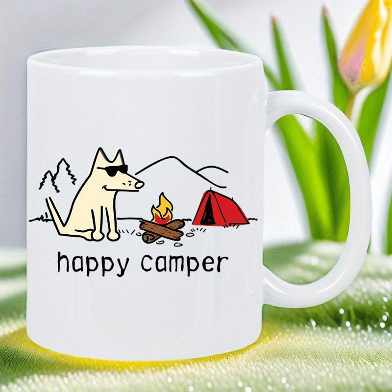Tailorly White Ceramic 11 oz Mug - Happy Camper Sitting By Campfire Near Red Tent Among Rugged Mountain Outlines Dog