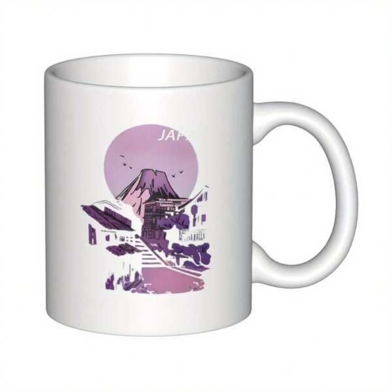Tailorly White Ceramic 11 oz Mug - Japan Traditional Village Scenery Under Purple Sunset Sky With Majestic Mountain