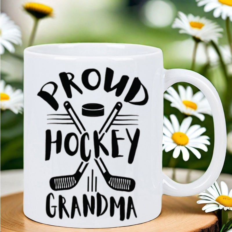 Tailorly White Ceramic 11 oz Mug - Proud Hockey Grandma Classic Crossed Sports Equipment Elements Featuring Circular Pucks And Bold Text Hockey Sticks