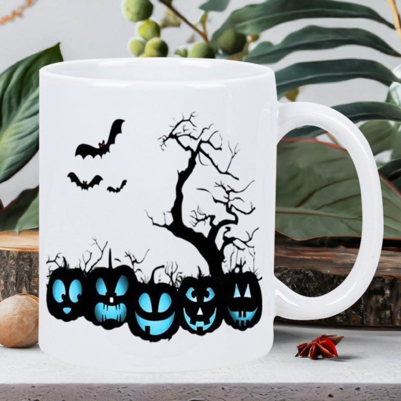 Tailorly White Ceramic 11 oz Mug - Spooky Bat Silhouette Flying Over Gnarled Tree With Blue Glowing Halloween Pumpkin