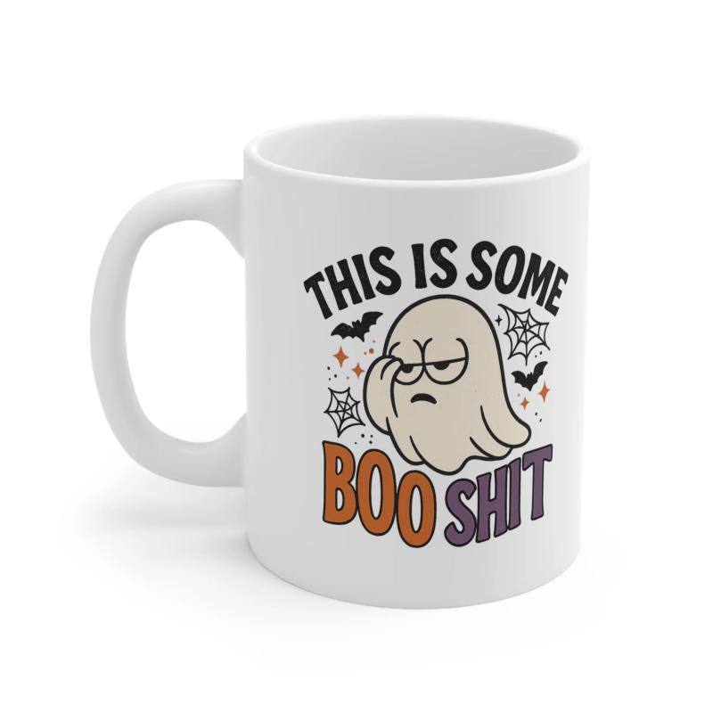 Tailorly White Ceramic 11 oz Mug - This Is Some Boo Shit Cute Tired Cartoon Spirit With Flying Bats And Spider Webs Among Spooky Stars Ghost