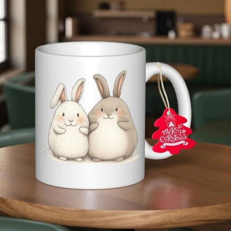 Tailorly White Ceramic 11 oz Mug - Merry Christmas Soft Watercolor Illustration Of Two Adorable Fluffy Woodland Forest Rabbits