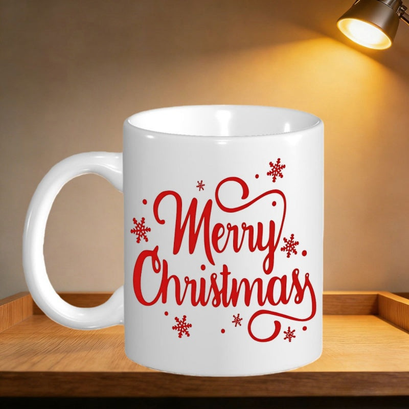 Tailorly White Ceramic 11 oz Mug - Merry Christmass Festive Red Script Font Surrounded By Delicate Tiny Floating Snowflakes Mug