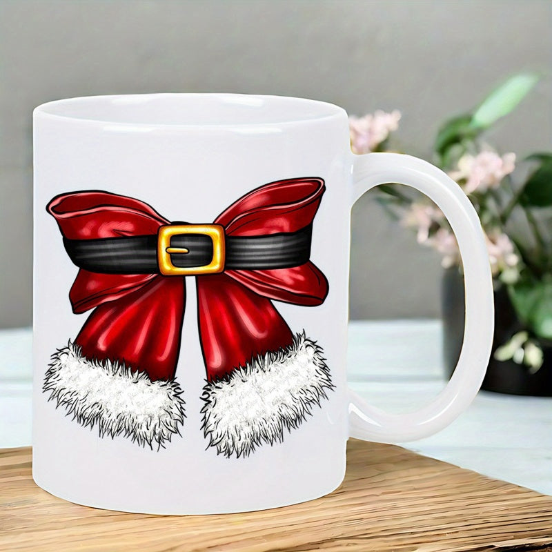 Tailorly White Ceramic 11 oz Mug - Festive Christmas Pattern Representing Santa Suit With Black Belt And Buckle Bow