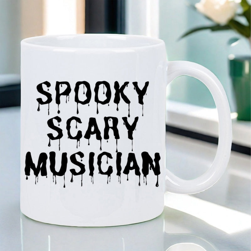 Tailorly White Ceramic 11 oz Mug - Spooky Scary Musician Dripping Black Letters On A Smooth