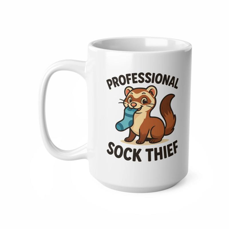 Tailorly White Ceramic 11 oz Mug - Professional Sock Thief Mischievous Cartoon Weasel Holding A Blue Spotted Patterned Sock Ferret