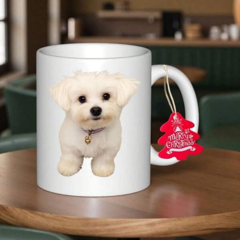 Tailorly White Ceramic 11 oz Mug - Merry Christmas Adorable Fluffy Small White Puppy Standing With A Curious Expression Dog