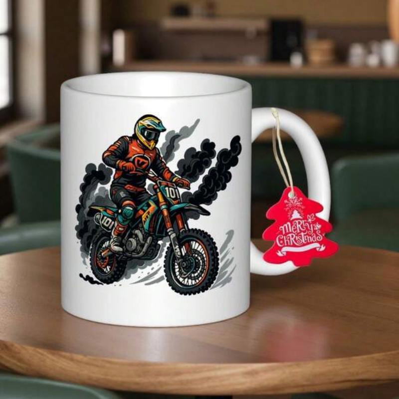 Tailorly White Ceramic 11 oz Mug - Dynamic Dirt Bike Rider Racing Through Dark Clouds Of Billowing Smoke Motorcyclist