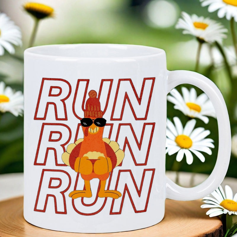 Tailorly White Ceramic 11 oz Mug - Run Run Run Funny Cartoon Turkey Wearing Sunglasses And Beanie Among Repetitive Text Letters Turkey