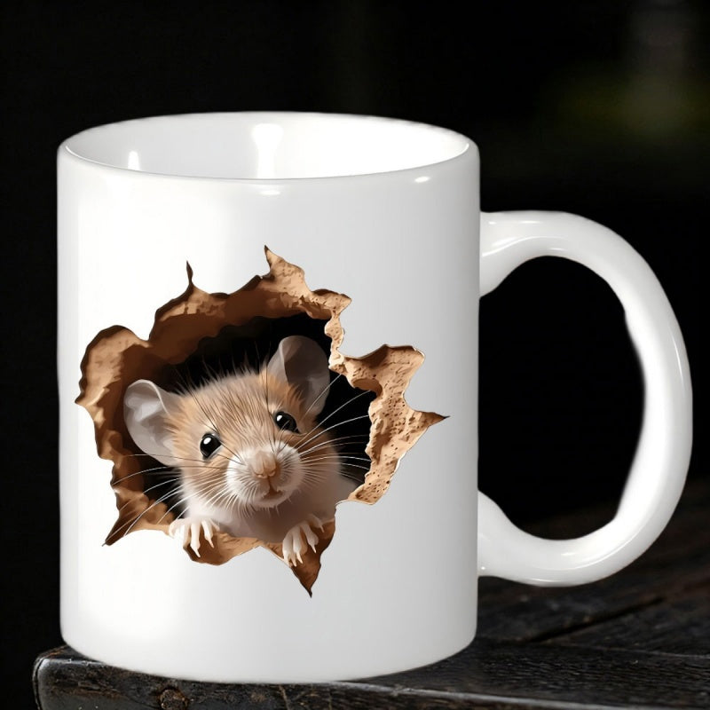 Tailorly White Ceramic 11 oz Mug - Realistic Peeking Small Brown Animal Emerging Through A Torn Paper Effect Mouse