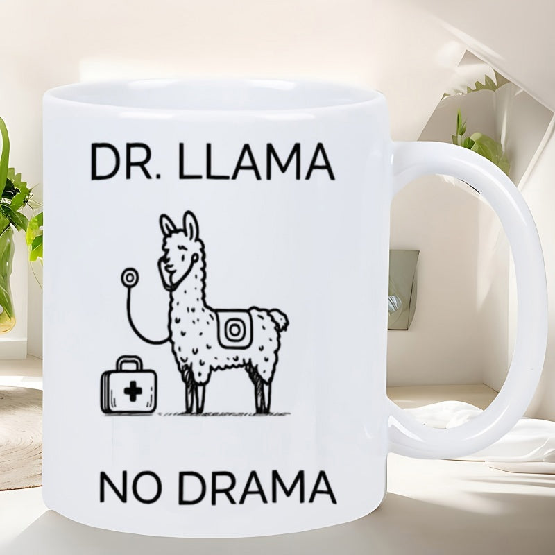 Tailorly White Ceramic 11 oz Mug - Dr Llama No Drama Wearing Stethoscope Standing Beside Medical First Aid Kit Llama