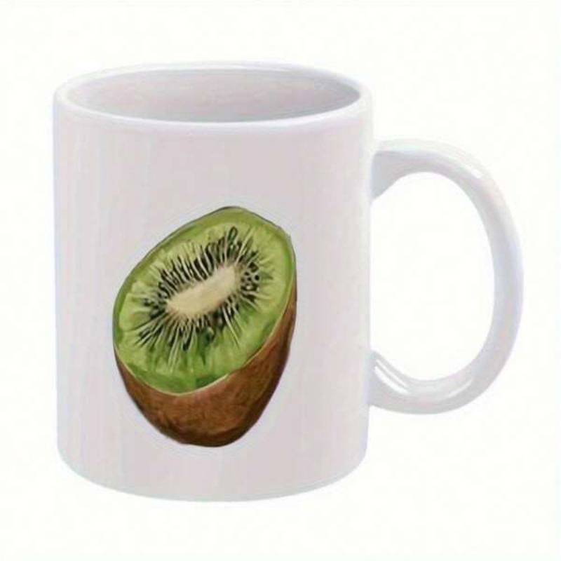 Tailorly White Ceramic 11 oz Mug - Vibrant Green Sliced Tropical Fruit Showing Tiny Black Seeds Kiwi