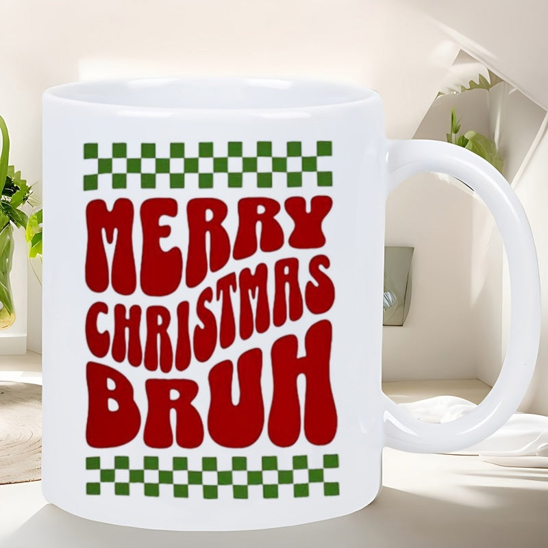 Tailorly White Ceramic 11 oz Mug - Merry Christmas Bruh Festive Retro Red Wavy Lettering With Green Checkerboard Borders Mug