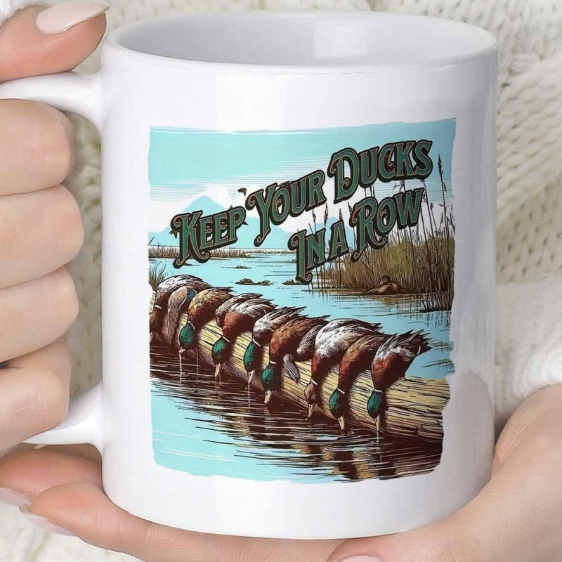 Tailorly White Ceramic 11 oz Mug - Keep Your Ducks In A Row Multiple Mallard Ducks Resting On A Log Above Serene River Water Duck