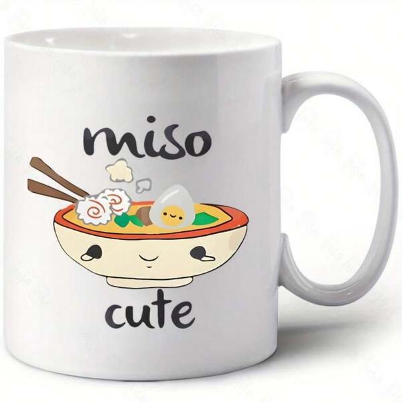 Tailorly White Ceramic 11 oz Mug - Miso Cute Adorable Smiling Kawaii Ramen Bowl With Egg And Chopsticks Bowl