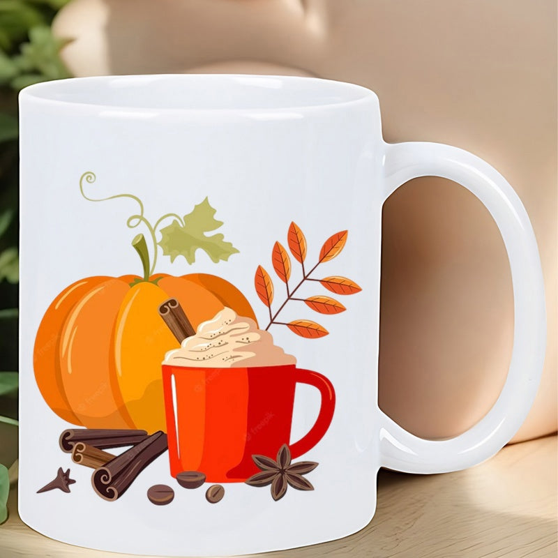 Tailorly White Ceramic 11 oz Mug - Vibrant Orange Seasonal Harvest With Spices And Warm Red Beverage Pumpkin