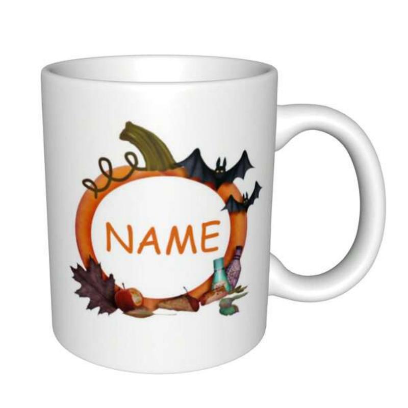 Tailorly White Ceramic 11 oz Mug - Name Orange Autumn Harvest With Flying Black Bats And Falling Brown Foliage Pumpkin