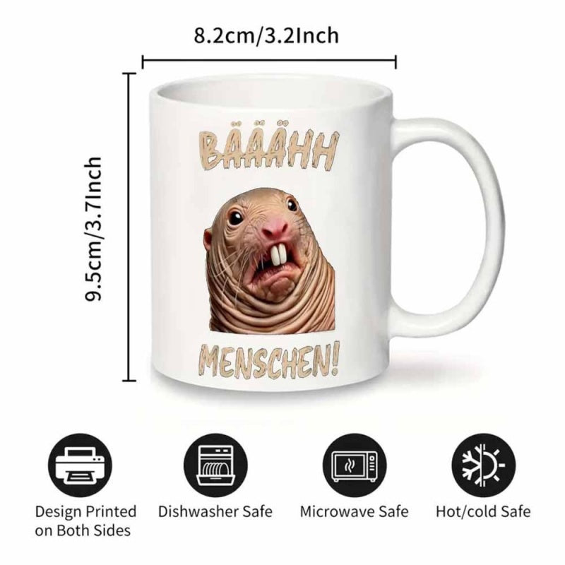 Tailorly White Ceramic 11 oz Mug - Funny Surprised Naked Mole Rat With Folded Skin And Large Teeth Rodent
