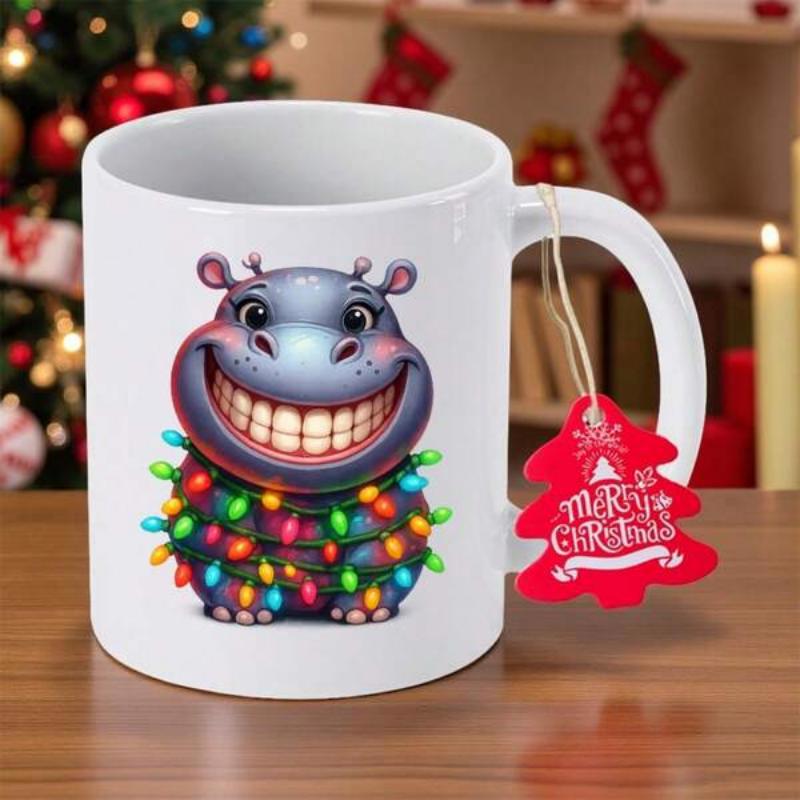 Tailorly White Ceramic 11 oz Mug - Merry Christmas Smiling Cartoon Hippo Wrapped In Colorful Glowing Christmas String Lights Hippo