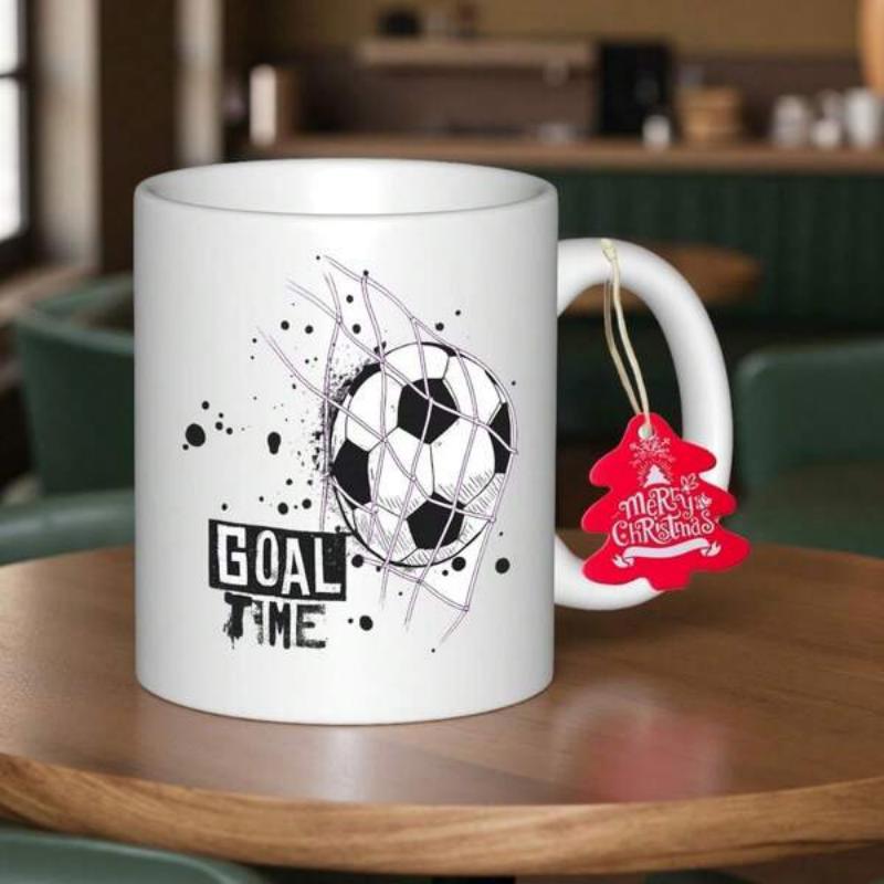Tailorly White Ceramic 11 oz Mug - Goal Time Dynamic Artistic Ink Splatters Hitting The Intricate Goal Net Soccer Ball