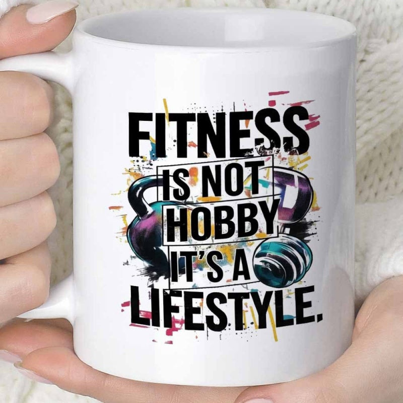 Tailorly White Ceramic 11 oz Mug - Fitness Is Not Hobby Its A Lifestyle Colorful Paint Splatter Behind Stylized Heavy Gym Training Equipment Kettlebell