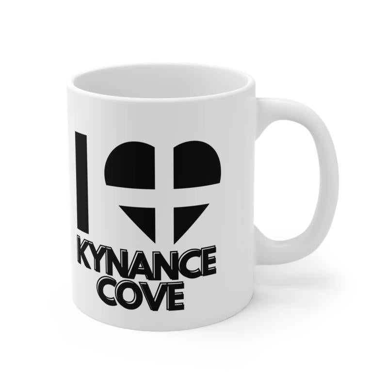 Tailorly White Ceramic 11 oz Mug - I Kynance Cove Heart Shaped Cornish Flag Symbol With Bold Black Shadow Lettering Ceramic Mug
