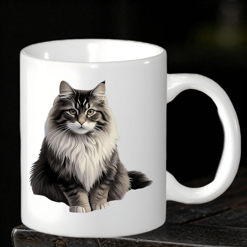 Tailorly White Ceramic 11 oz Mug - Realistic Fluffy Maine Coon Feline Sitting Gracefully With Soft Long Fur Cat