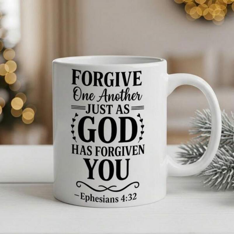 Tailorly White Ceramic 11 oz Mug - Forgive One Another Just As God Has Forgiven You Decorative Typography With Spiritual Quote Featuring Heart Accents And Elegant