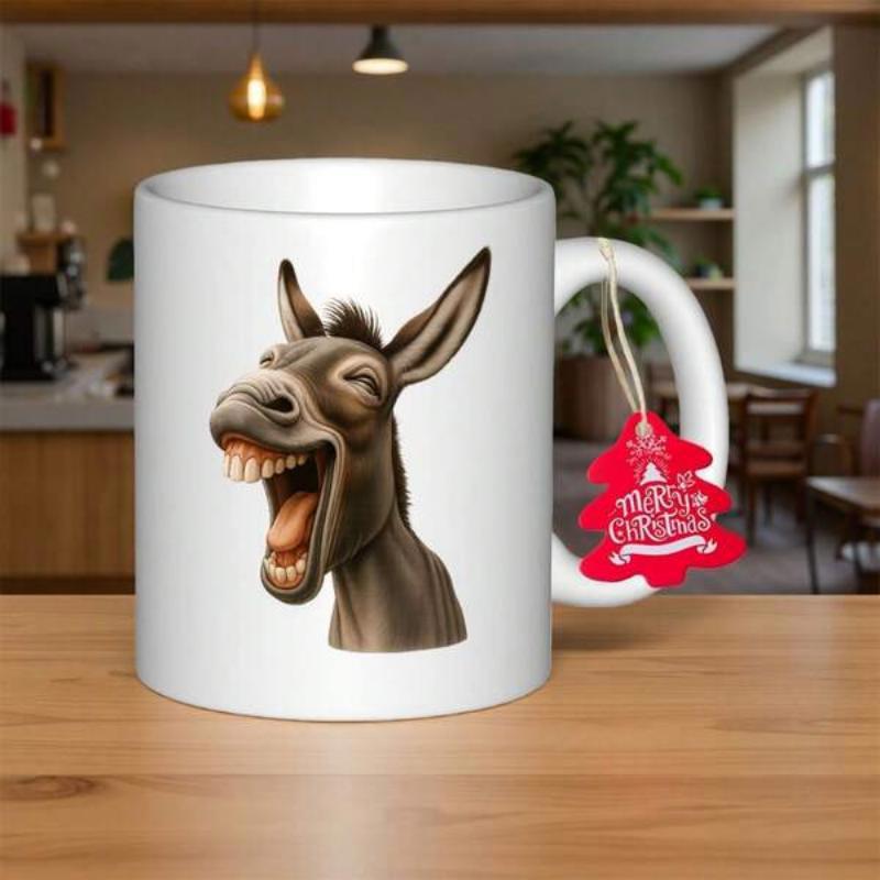 Tailorly White Ceramic 11 oz Mug - Merry Christmas Hilarious Brown Animal With A Wide Open Mouth Showing Teeth Donkey