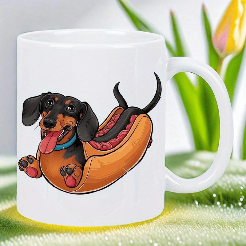 Tailorly White Ceramic 11 oz Mug - Adorable Cartoon Hot Dog Bun Holding A Smiling Black And Tan Dachshund