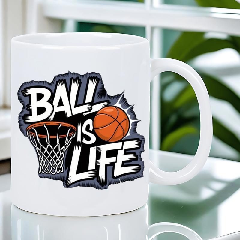 Tailorly White Ceramic 11 oz Mug - Ball Is Life Dynamic Orange Ball Floating Near A Detailed Rim Among Energetic Splash Basketball