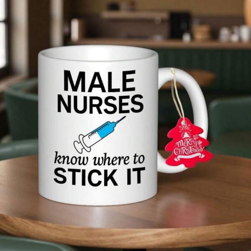 Tailorly White Ceramic 11 oz Mug - Male Nurses Know Where To Stick It Minimalist Medical Syringe With Blue Liquid Placed Centrally On White Background Syringe