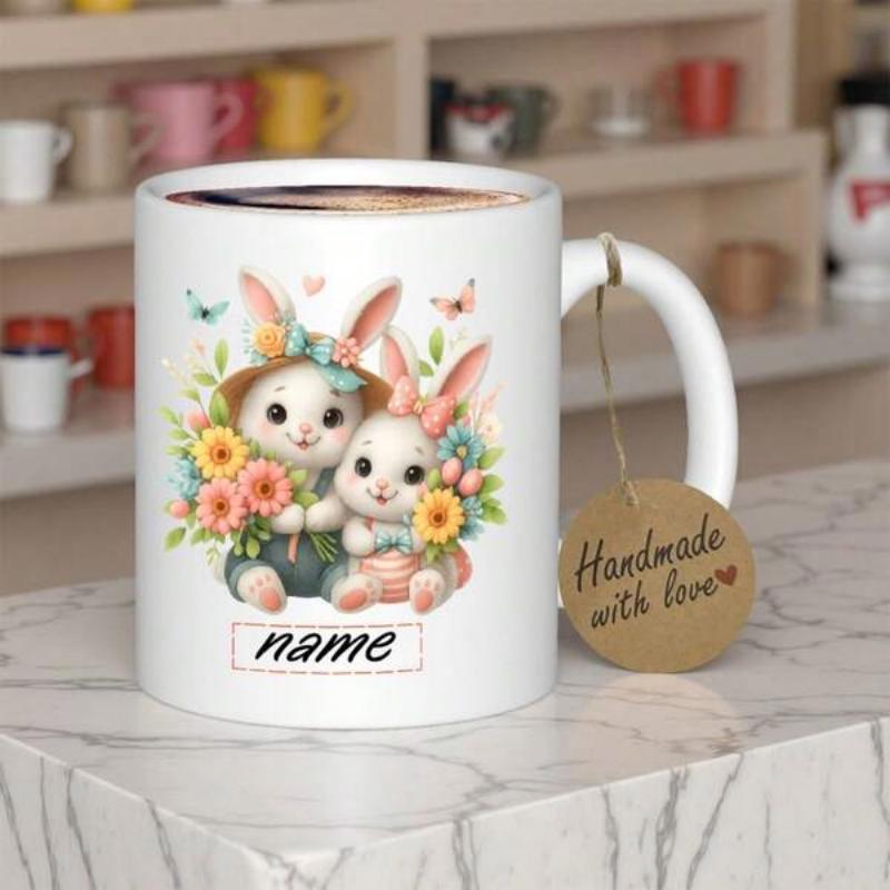 Tailorly White Ceramic 11 oz Mug - Handmade With Love Two Cute Bunnies Sitting Among Colorful Spring Flowers And Flying Butterflies Rabbit