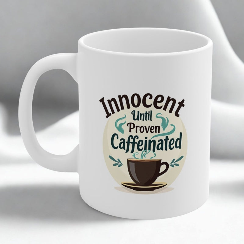 Tailorly White Ceramic 11 oz Mug - Innocent Until Proven Caffeinated Steaming Dark Hot Beverage Resting On Saucer Inside Decorative Frame Coffee