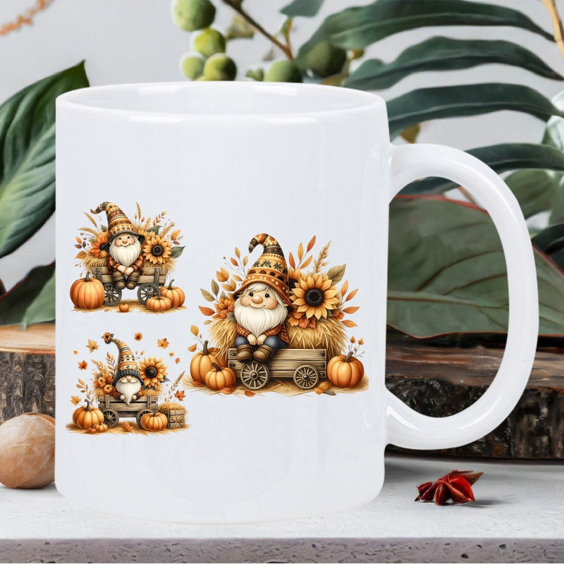 Tailorly White Ceramic 11 oz Mug - Charming Autumn Harvest Resting In Wagon Surrounded By Sunflowers And Pumpkins Gnome