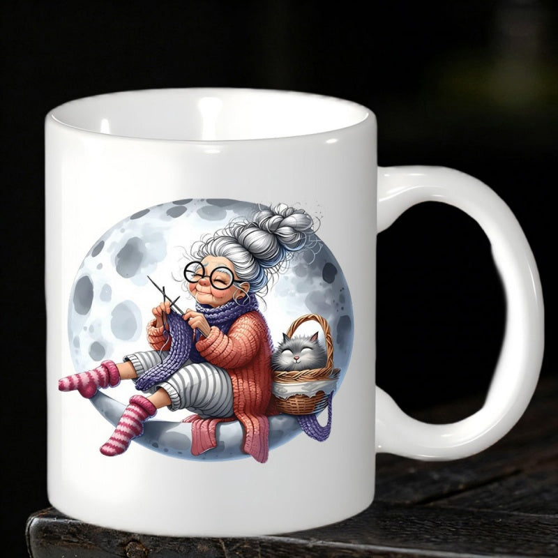 Tailorly White Ceramic 11 oz Mug - Cozy Knitting In Moonlight Featuring A Sleeping Cat And Gentle Grandmother