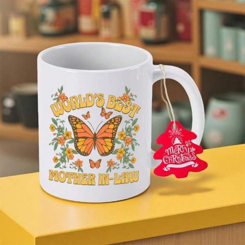 Tailorly White Ceramic 11 oz Mug - Worlds Best Mother In Law Vibrant Monarch Butterfly Surrounded By Delicate Yellow Spring Garden Flowers Butterfly